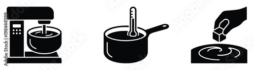 Cooking process glyphs showing kitchen appliances, temperature measurement, and adding sugar cubes, useful for recipe instructions, culinary guides, or food preparation graphics