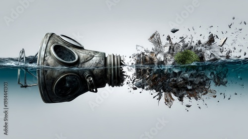 A gas mask floating in water, symbolizing pollution and decay.