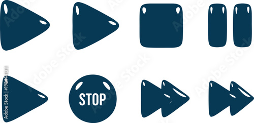Modern media player control icons set featuring play pause stop and skip buttons isolated on transparent background