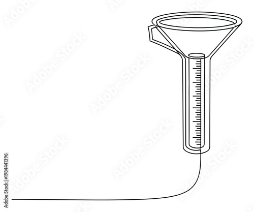 Continuous line drawing of a scientific rain gauge featuring a funnel and a graduated measuring cylinder, ideal for educational materials on precipitation and weather monitoring.