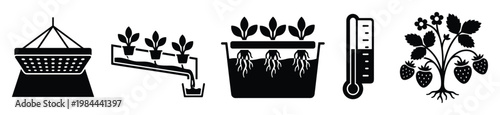 Comprehensive collection of modern agricultural and gardening system icons including hydroponics plant care and crop growth representing sustainable farming applications