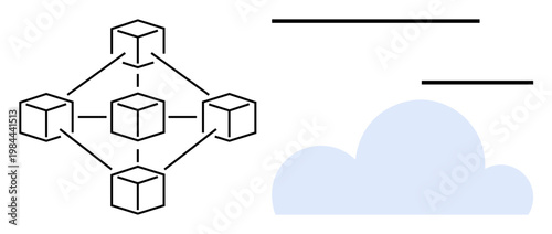 Blockchain technology, cloud computing, data management, digital storage, network systems, decentralized technology. A blockchain node network alongside a cloud graphic. Blockchain and cloud