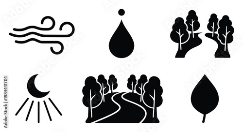Essential glyph icons portraying natural elements including wind, water, moon, forest trees, and winding outdoor paths for environmental conservation and outdoor activity applications.