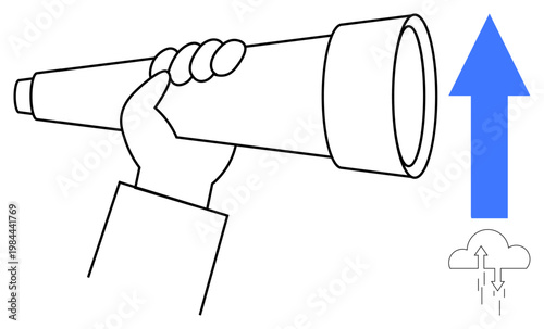 Vision concept. Vision by a hand holding a telescope with a blue arrow and cloud. Vision for strategy, growth, innovation, digital transformation, future planning