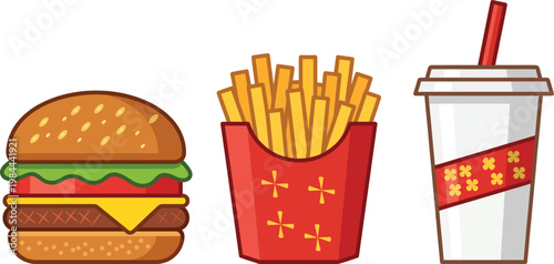 Cute advertising menu illustration of burger, fries, drink on isolated background, front view.