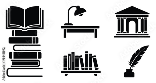 A collection of essential black silhouette icons representing education, knowledge, and learning, perfect for academic resources, school projects, and literary themes in various digital and