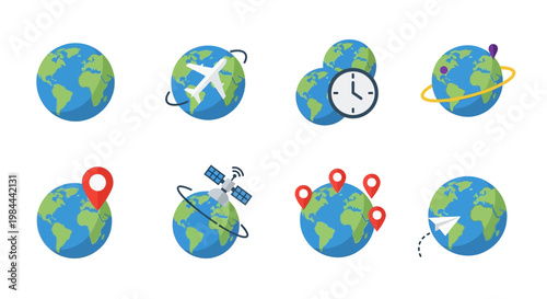 A set of cartoon icons depicting the Earth with various travel and global connections, symbolizing international travel, communication, and navigation