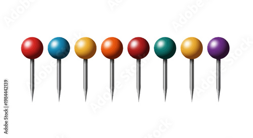 A line of colorful round-headed push pins, arranged horizontally on a white background