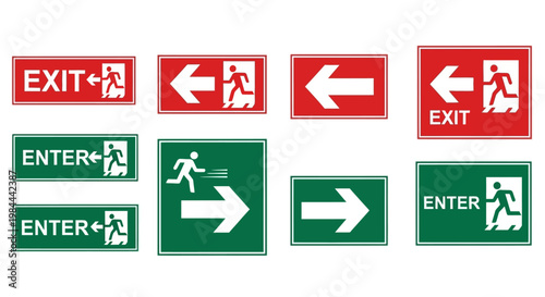 Collection of safety signs for emergency exits, entrances, and directional indicators