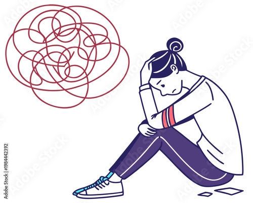 Woman overwhelmed with tangled thoughts and experiencing emotional distress