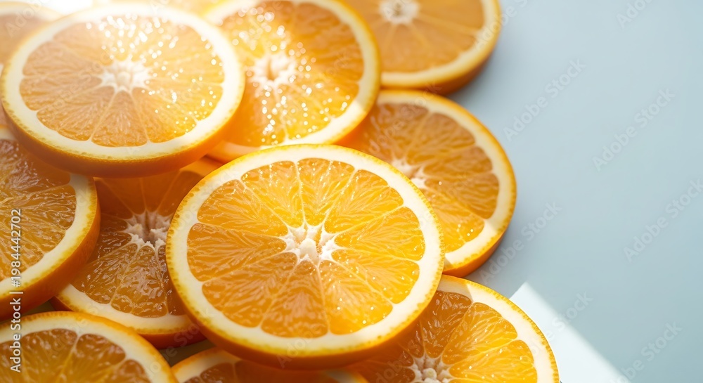 Fototapeta premium Freshly Sliced Oranges Background Top View Healthy Citrus Fruits Grouped Together on a Light Blue Surface
