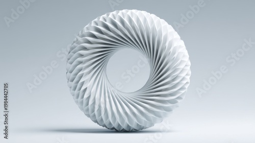 White circular sculpture with spiral folds, elegant 3D layers, soft lighting on light gray background, modern minimalist