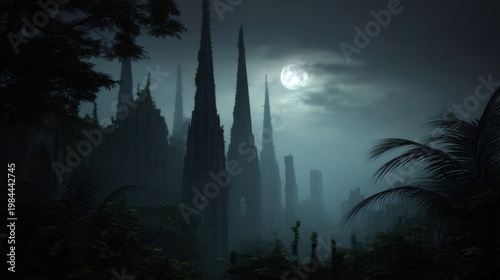 Gothic spires stand in moonlit fog, entwined with vines, surrounded by lush tropical plants and mystery.