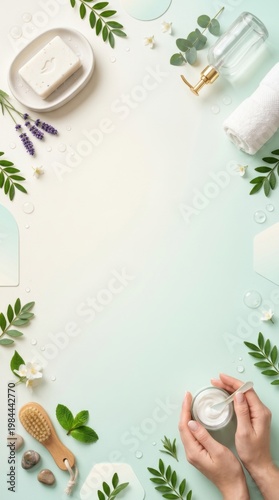Top view of hands applying cream with spa accessories and floral decorations, World Hand Hygiene Day concept, wellness and skincare routine background
