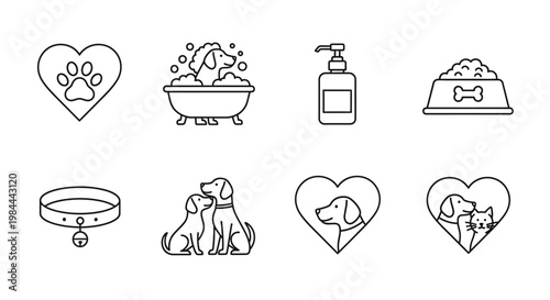 Collection of Pet Care and Dog Grooming Icons, Including Heart Shapes, Collars, Food Bowls, and Animal Silhouettes