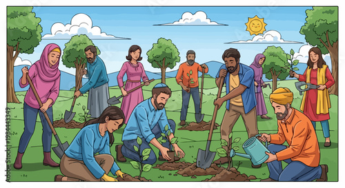 Diverse community planting trees together in a park, symbolizing environmentalism and unity. Community planting event fostering togetherness and nature care.