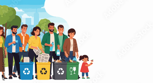 Diverse group of people sorting waste for recycling in a city park, promoting environmental awareness and sustainability. Eco-friendly lifestyle concept for community engagement and education.