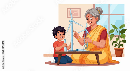 Grandmother and grandson building wind turbine model, educational STEM activity, renewable energy concept vector illustration.