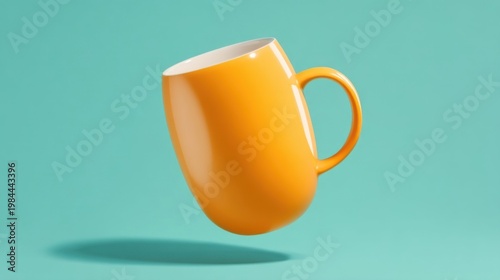Orange ceramic mug suspended in teal background, white interior, smooth glossy surface with soft shadow.