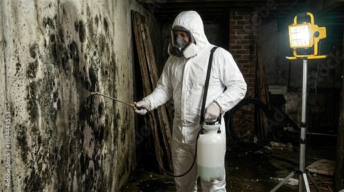 Worker wearing protective equipment and safety protocol gear for mold remediation.