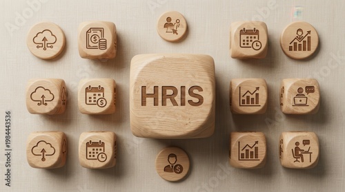 Workforce management and HRIS concept featuring wooden dice blocks with employee, cloud, and calendar icons.