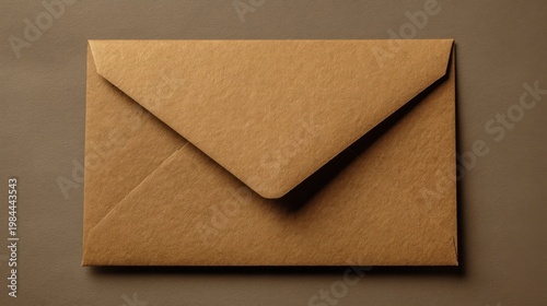 Brown kraft paper envelope with V-shaped seal lies flat on dark surface, subtle textures and soft lighting.