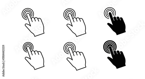 Set of six hand cursor icons, representing selection and interaction in digital interfaces, available in outline and solid fill styles