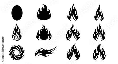 Collection of stylized flame and fire icons, abstract swirling designs, and tribal tattoo style fire elements for graphic design and digital art