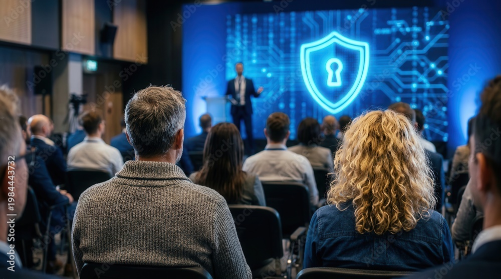 Obraz premium Business professionals at a data protection workshop observing a glowing blue security icon.