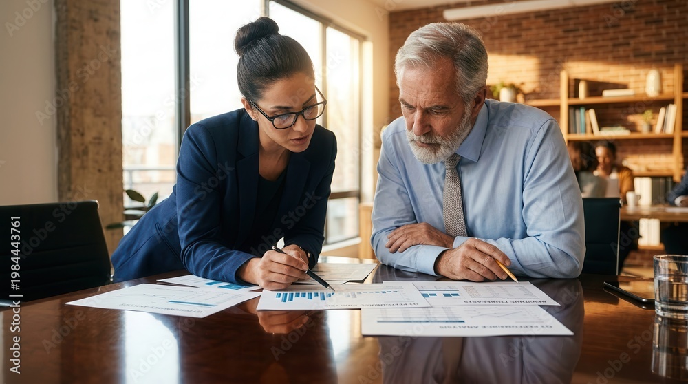 Fototapeta premium Financial analysis concept showing business colleagues reviewing documents during a meeting.