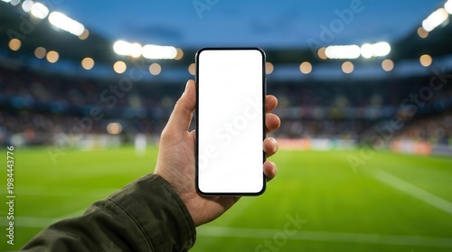 Real time digital sports engagement and scoring updates on a blank smartphone screen in a stadium.