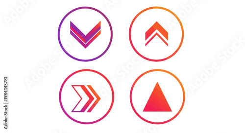Set of four circular icons featuring directional arrows in gradient colors down, up, right, and triangle