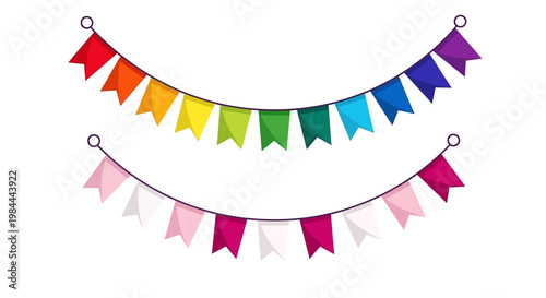 Festive bunting flags in rainbow and pink colors creating a joyful and celebratory atmosphere for parties and events