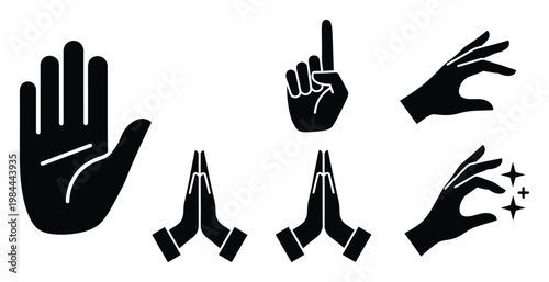Diverse collection of human hand gestures and communication signs including pointing up and praying hands useful for expressing emotion or conveying instructions in various media