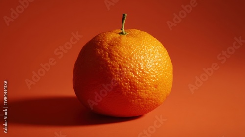 An orange with textured peel and green stem sits against warm background, soft shadow on left.