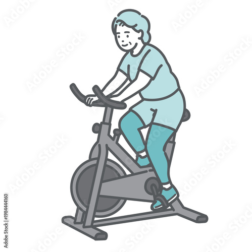 笑顔でフィットネスバイクを漕ぐぽっちゃり体型のシニア女性のイラスト