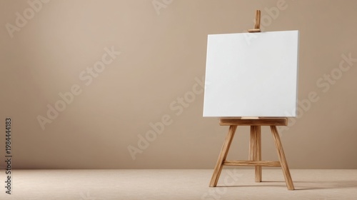 A wooden easel stands before a beige backdrop, holding a blank white canvas, simple and elegant in soft light.