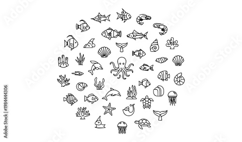 Modern Geometric Ocean Animal Line Icons Set Radial Marine Life Vector Collection for Branding and Infographic Design