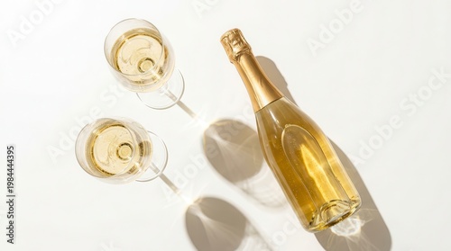 Summer alcoholic drink concept banner with a golden champagne bottle and two wine glasses in a flat lay style.