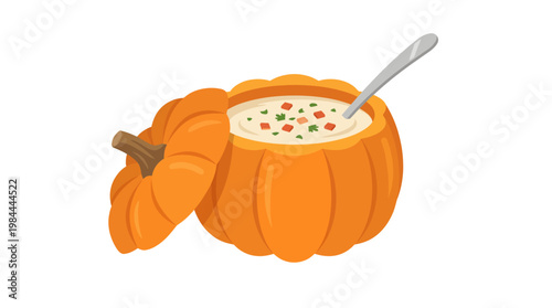 The delightfully creamy and warm autumn soup rests invitingly inside a bright orange hollowed-out pumpkin bowl, garnished beautifully with fresh green herbs and crisp croutons, holding a silver spoon