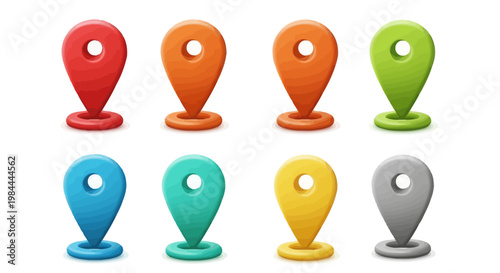 Collection of vibrant and colorful map pin icons representing location, navigation, and travel on a white background
