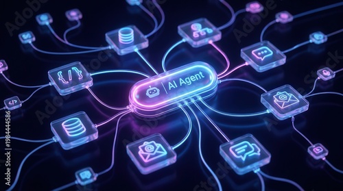 A technological 3D visualization of AI agentic workflow automation, nodes, and database triggers.