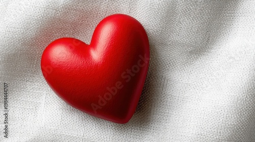 A glossy crimson heart-shaped object rests on light gray fabric with subtle shadows and clear texture.