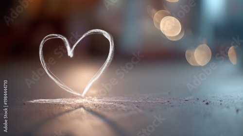 A glowing heart-shaped outline on misty ground with warm circular bokeh lights, dreamy romantic atmosphere.
