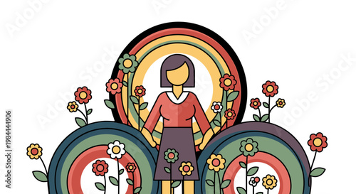 Woman standing in front of colorful rainbow flowers.
