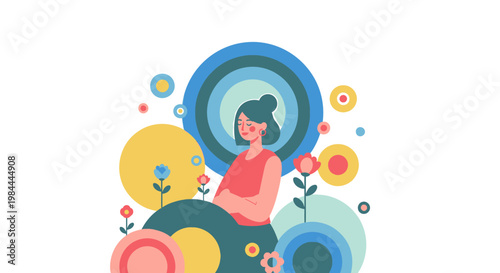 Woman meditating in a peaceful floral environment.