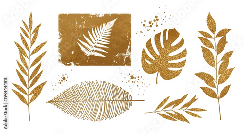 Golden botanical elements diverse leaf silhouettes and abstract splatters in metallic gold, perfect for sophisticated designs