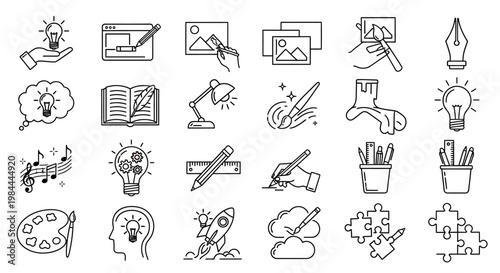 Creative process and artistic inspiration icons and symbols for design and art