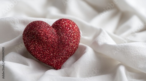 A red glittering heart ornament lies on soft white fabric with golden powder, blurred background, cozy and romantic.
