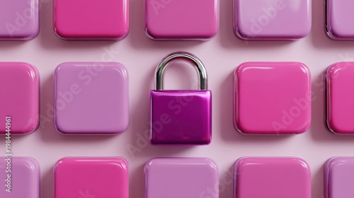 A metallic lock-shaped cube sits centered in an array of pink cubes, symbolizing data security and privacy with a modern